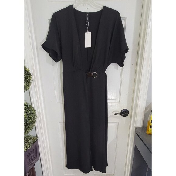 Mango Women's Black Midi Wrap Dress Hoop Detail Short Sleeve V Neck Size 6/M NWT - Picture 4 of 9